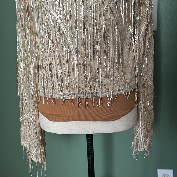New women Sz S beige sequins embellished long sleeves party blouse top - Picture 3 of 9